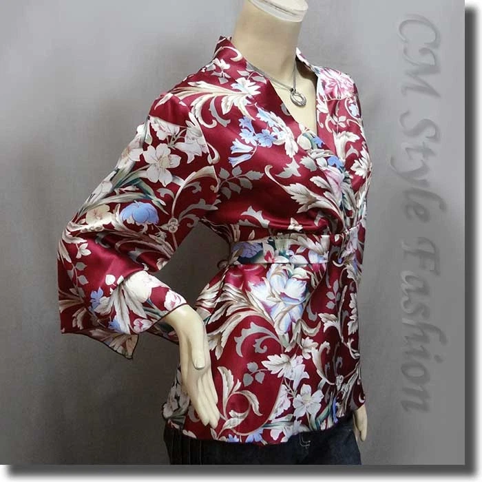 Blusa japonesa quimono floral cetim sedoso borgonha P/M/L/XL/2XL/3XL - Imagem 3 de 4