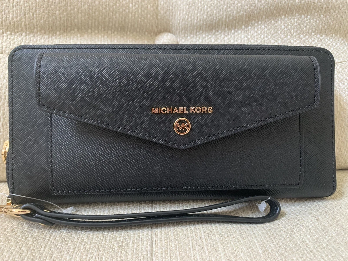 MICHAEL KORS Jet Set Charm Black Leather Large Pocket Travel Wallet Wristlet