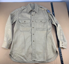 Vintage Korean War WWII Khaki Chino Shirt Patch Long Sleeve Military Army Gusset