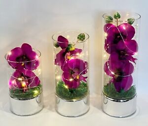 Florero De Cristal Con Luces Cuerda LED Púrpura Orquídea Flores Artificiales Decoración para Boda