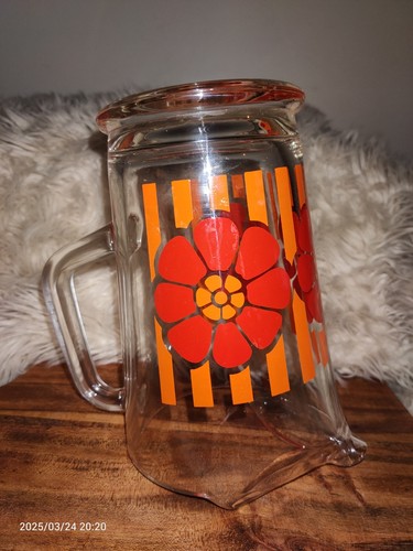Vintage Clear glass jug Painted orange and red flowers Retro. Collectable. 20 Cm - Bild 4 von 7