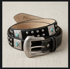 Nocona Mens Black Leather Hair on Hide Belt Silver Studded Turquoise Concho 40