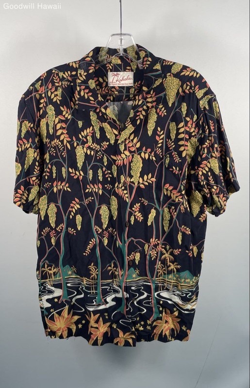 Kahala Men's Navy Blue Scenic Border Print Tropical Aloha Shirt Sz M