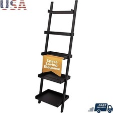 5 Tier Wall Mounted Ladder Shelf Storage Organizer Display MDF Home Decor Black