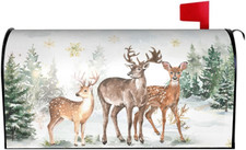 Winter Mailbox Cover 21" X 18" Deer Christmas Tree Magnetic Mailbox Wraps Standa