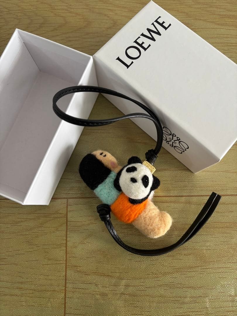 LOEWE Suna Fujita Panda and Child Felt Charm Keyring Leather Strap