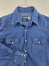 Vintage Wrangler 15.5x33 Medium Western Pearl Snap Shirt Dark Blue 80s Made USA