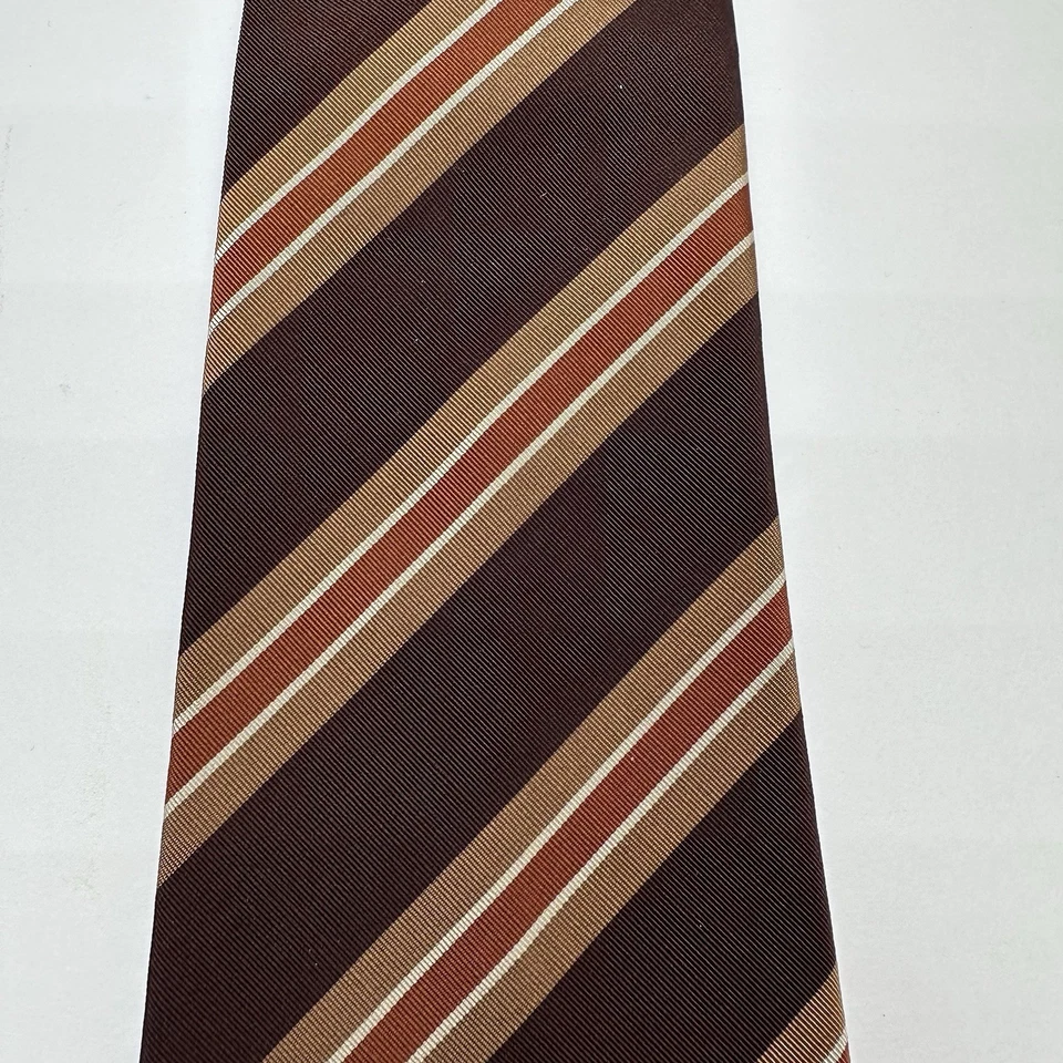 Atkinsons Irish Poplin Brown Tan Orange Striped Silk Wool Ireland 4 x 54 T100 - Image 3 of 4
