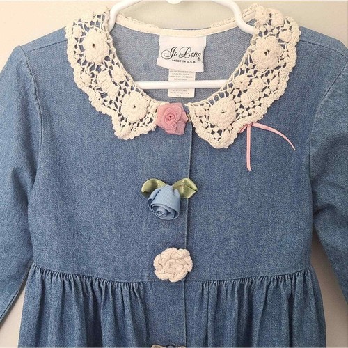 VTG Jo Lene Boho Prairie Girls Blue Dress Ribbon Buttons Crochet Lace Collar 6X - Picture 2 of 12
