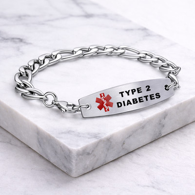 Typ 2 Diabetes Herren medizinisches Alarm ID Armband Edelstahl 22 cm groß T2