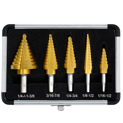 Step Drill Bit Set for Metal- 5PCS Titanium 4241 HSS Step Bit with Two Straight
