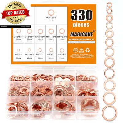 330 Pcs Copper Washers Assortment Kit   12 Sizes Flat Sealing Crush Washers (M5-