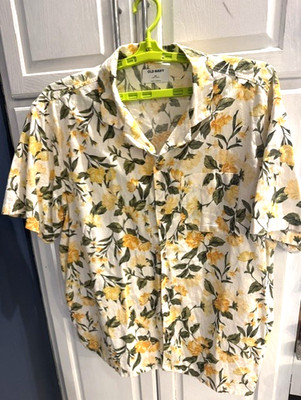 Old Navy Blouse XXL Women Yellow Floral Button Up SS Collar Shirt Top -Free Ship