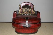 ANTIQUE CHINESE CARVED WOOD/WOODEN WEDDING BASKET W/BRASS OR BRONZE HARDWARE