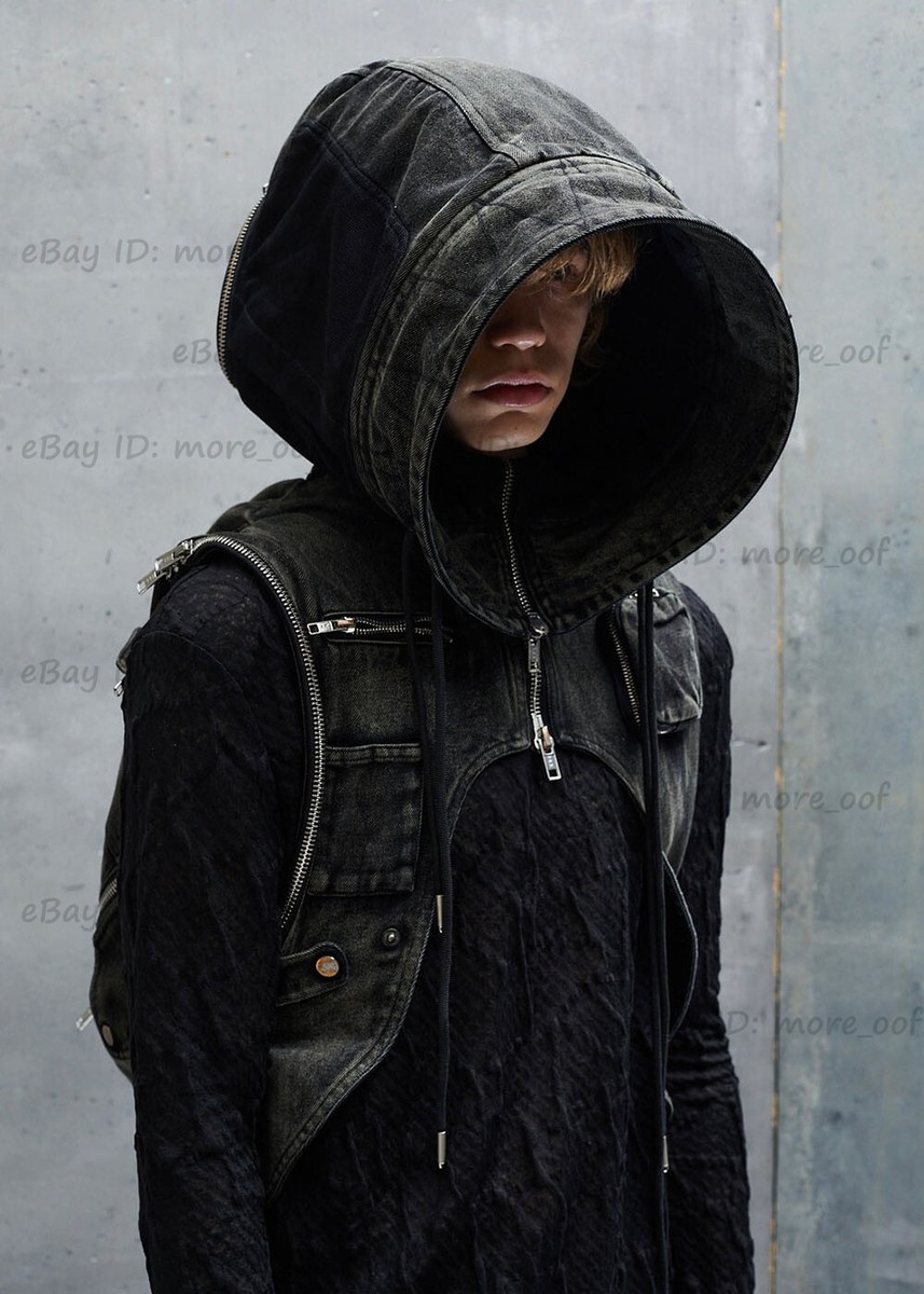 No Faith Multi Zipper Denim Hood Backpack Vest No Faith Multi Zipper Denim Hood Backpack Vest