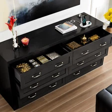 Black 6 Drawers Chest of Drawer Dresser Cabinet w/ Side Bag Storage Living Room