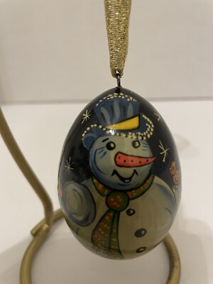 VTG RUSSIAN CLASSICS HAND PAINTED 3 EGG SHAPE LACQUERED SNOWMAN ORNAMENT MARKED