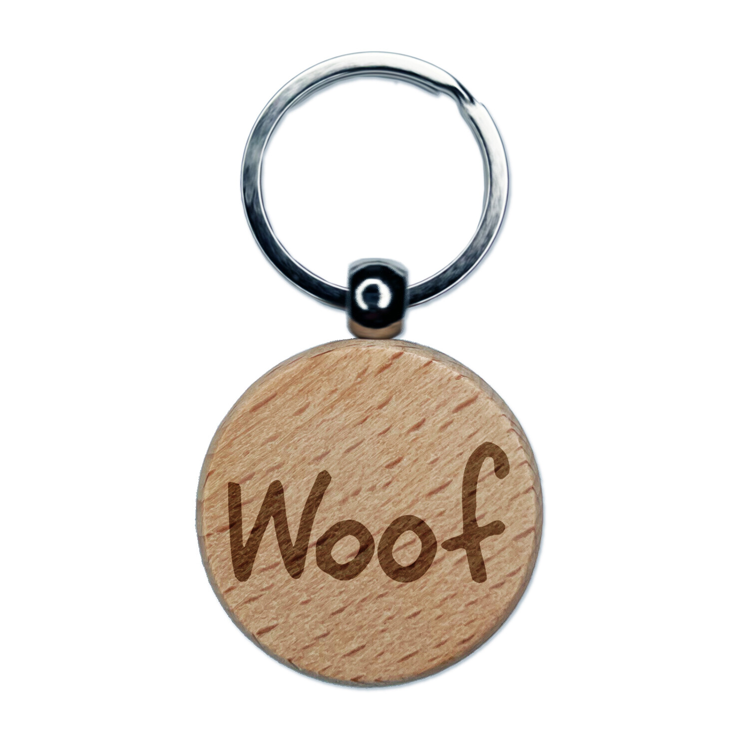 Woof Dog Wood Round Keychain Charm with Fun Text Engraving
