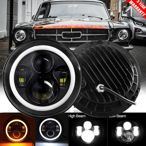 For Ford Mustang 1965-1978 7" INCH Black LED Headlight Halo Ring Angel Eye - Picture 1 of 20