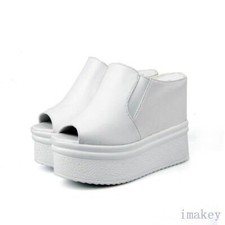 Chic Womens Faux Leather Slippers Peep Toe Wedge High Heel Platform Casual Shoes
