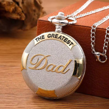 The GREATEST DAD Quartz Pocket Watch Necklace Chain Gold  Silver Tone USA Ship