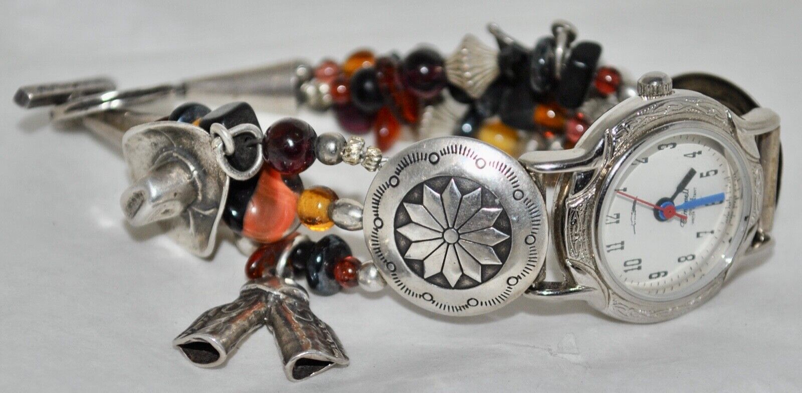 Estate Tribal Southwest Sterling Conchos, Charms & Beads Watch Band w/Watch