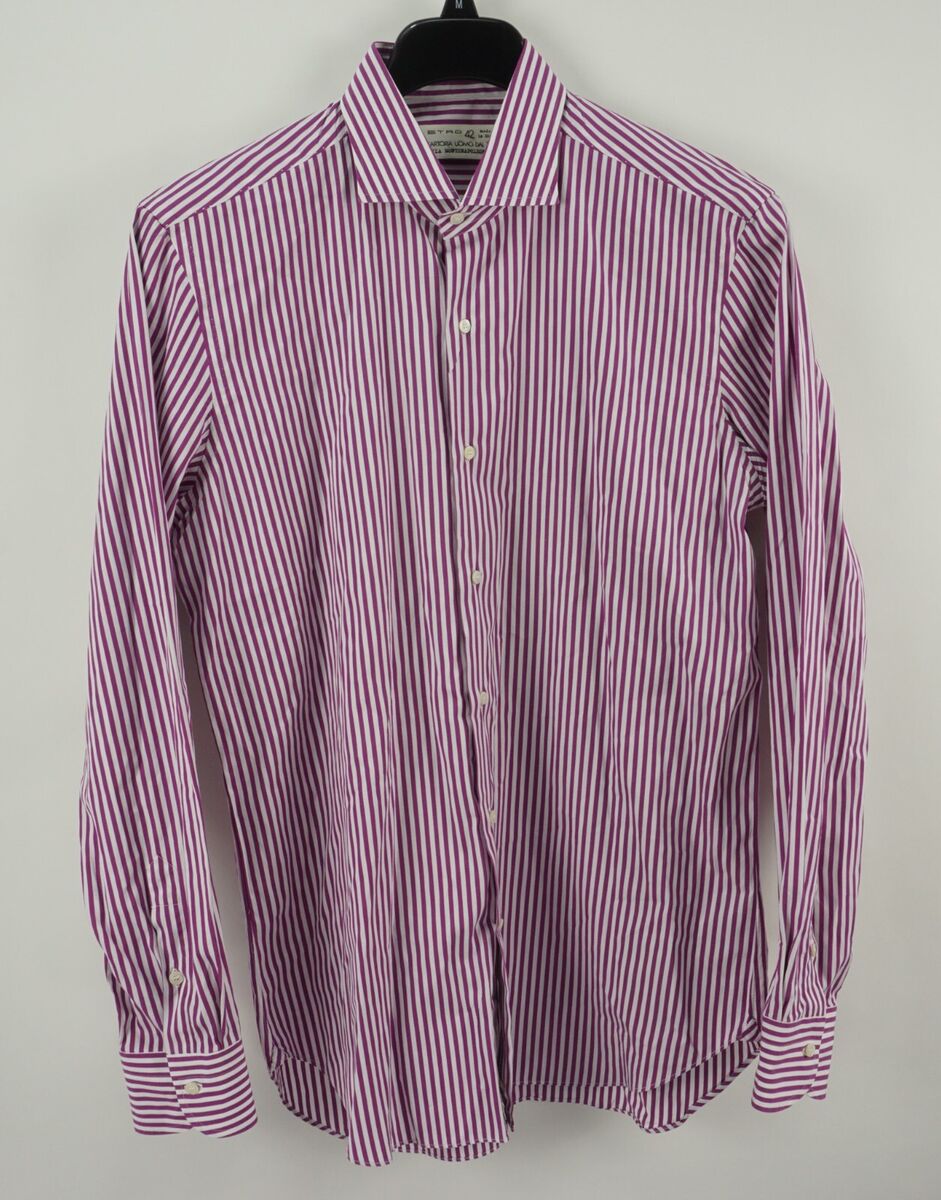 Recent ETRO Mens 42 Large Long Sleeve White Purple Stripe Recent ETRO Mens 42 Large Long Sleeve White Purple Stripe