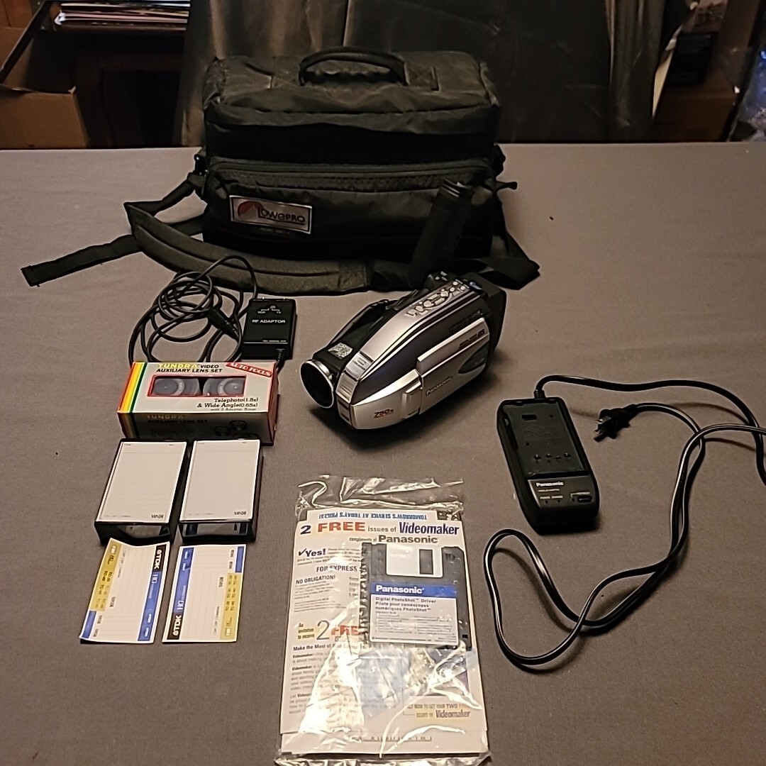 Panasonic VHS-C Camcorder 750x w/Case, Charger, Tundra Aux Lens Vintage Model-image