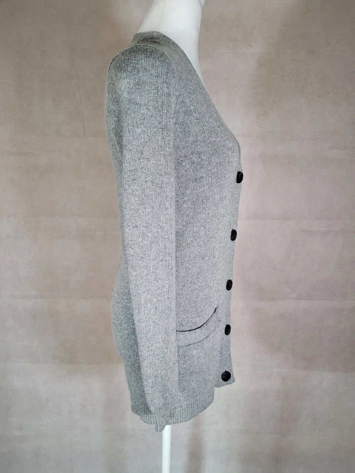 Cárdigan suéter para mujer Tory Burch gris cuello en V negro botones bolsillos talla XXS Foto 2 de 4