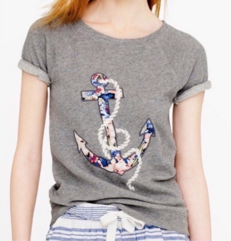 J Crew Floral Lightweight Anchor Grey Terry Top Shirt Women's Size M Medium ⚓️
