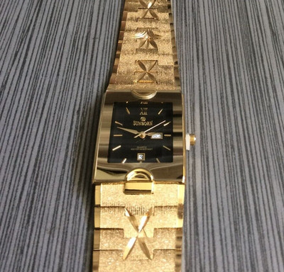 Sunborn Men's Gold Nugget Watch Rectangle Day & Date Black Dial New in Box!