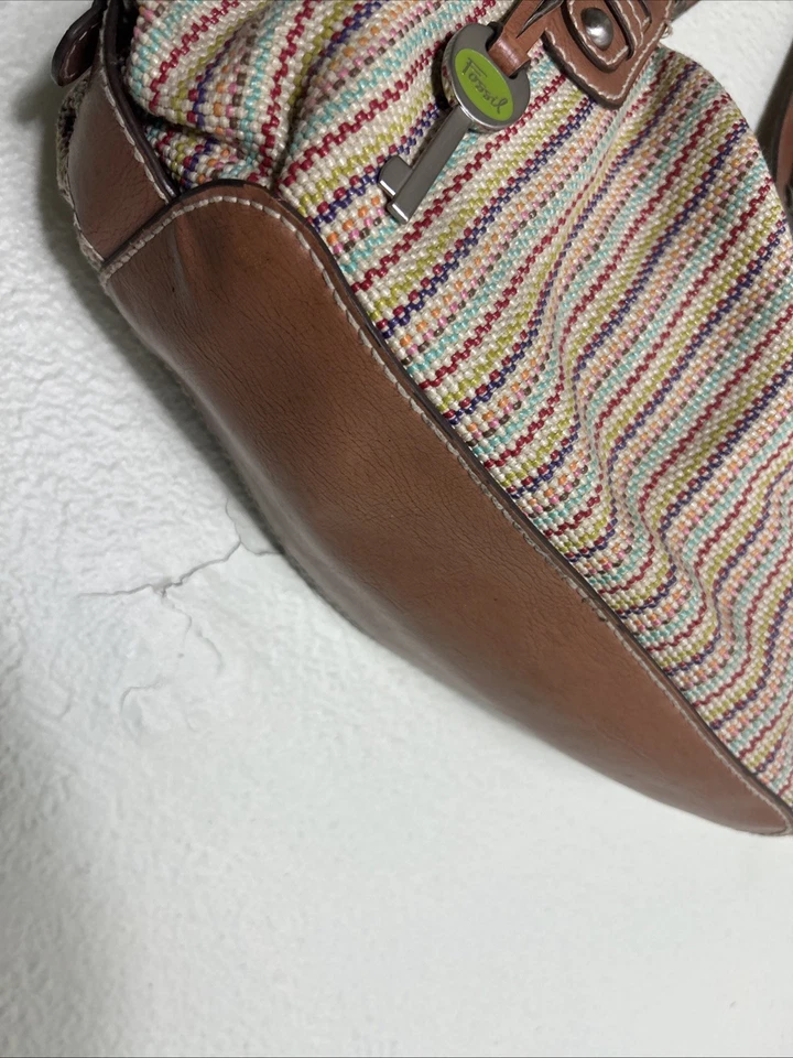 Fossil Key Multi-color Stripe Woven Straw Large Tote Satchel Hand Bag Purse - Image 4 of 4