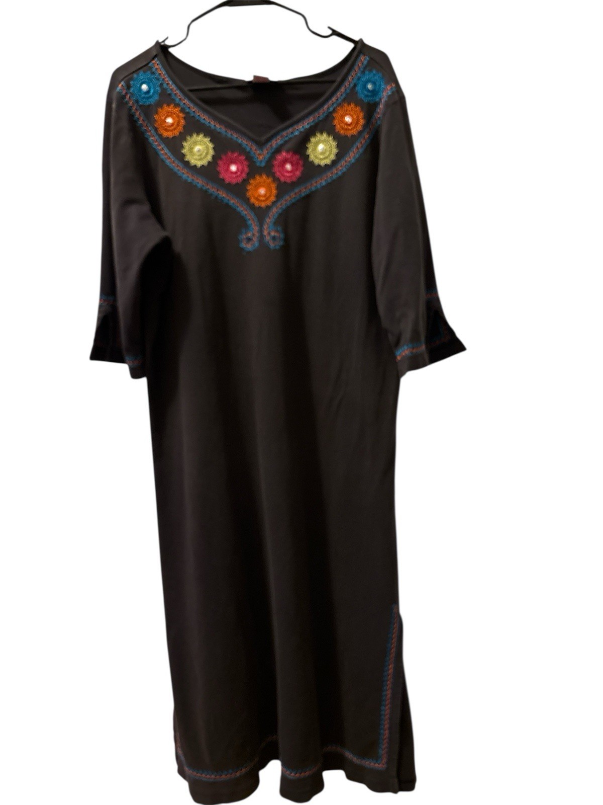 Go Softly Patio Dress Large Black Floral Embroidered Lounge 100% Cotton