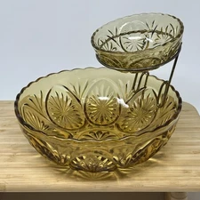 Vintage Anchor Hocking Honey Gold Chip and Dip Set with Brass Holder USA MCM