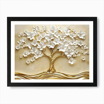 3d Golden Tree Life With White Flow Framed Wall Art Poster Canvas Print Picture