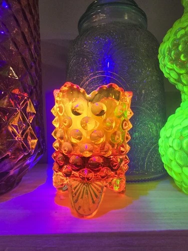 Fenton Hobnail Amberina Glass Toothpick Holder with UV Glow