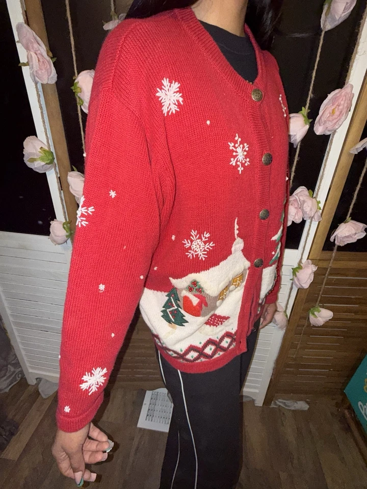 Vintage Red Christmas Cardigan Sweater with Cabin Design. Size XL - Image 4 of 4