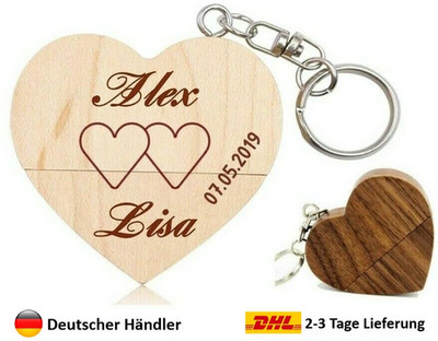 USB Stick mit Namen Gravur Text personalisiert Herz Holz Liebe Hochzeit 3.0