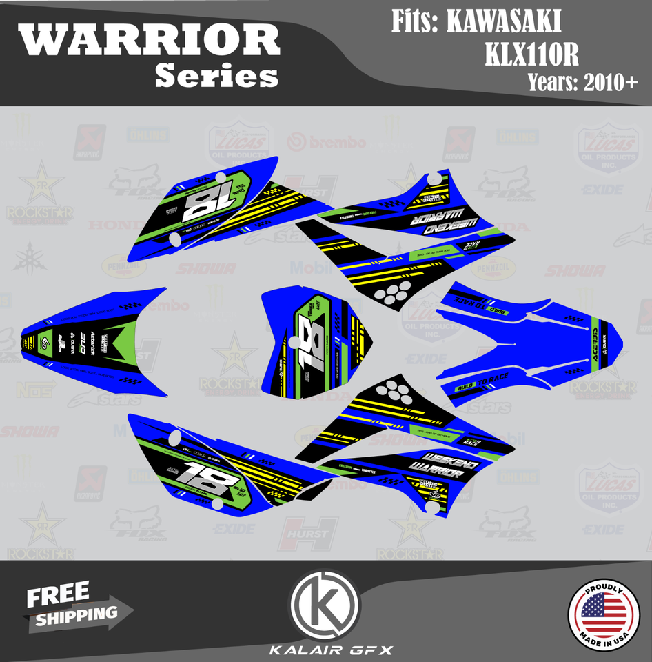 Dirt Bike Graphics Kit For Kawasaki KLX110 / KLX110R/RL (2010-2024) – AXIS Series Green-shift Design, No Plastics Included