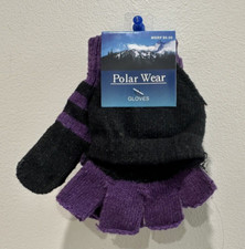 Girls fingerless glove mitten striped purple black knitted convertible flip top