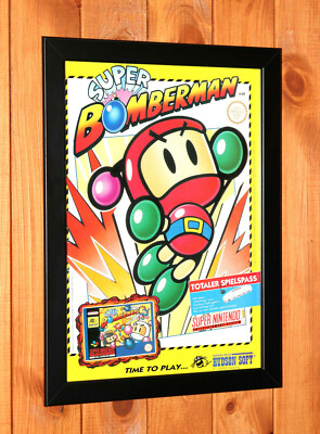 Super Bomberman Nintendo SNES Vintage Rare Promo Mini Poster / Ad Art Framed
