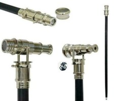 Vintage walking stick with black cane with nickle brass telescope head handle
