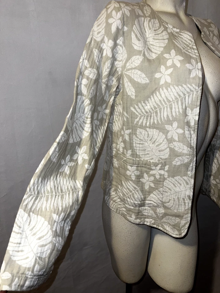 Nova Jaqueta TAHARI Feminina Tamanho P Bege Branco Floral Folha Linho Algodão Blazer Aberto - Imagem 3 de 4