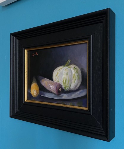 Natura morta patrimonio impressionista carote e zucca dipinto olio arte originale. - Foto 5 di 5