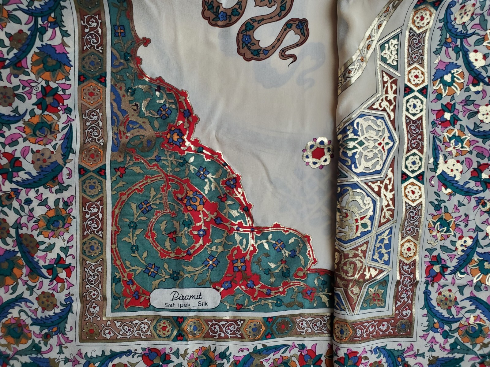 Luxury Ivory Silk Scarf 60x29.5 Inches with Gold Leaf & Jewel Tone Accents