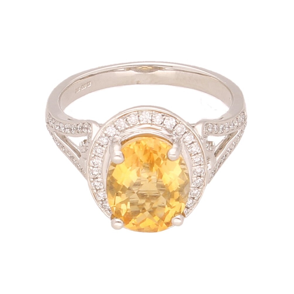 18Ct White Gold 3.00ct Citrine Solitaire w/ 0.28ct Diamond Accents Ring (Size M)