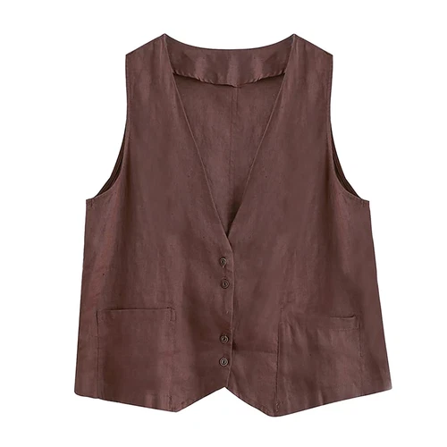 Mujeres Algodón Lino Sin Mangas Chaleco Abrigo Damas Botones Chaleco Informal Camiseta sin Mangas - Imagen 6 de 45