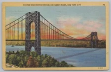 Bridge~New York City~George Washington Bridge~Hudson River~Linen Postcard