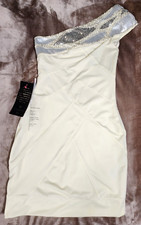 Bebe Cocktail / Formal Dress Cream Silver Beaded One Shoulder Bodycon Dress S