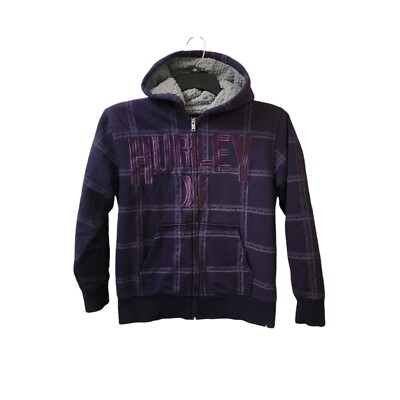 Hurley Purple Plaid y2k Coat Jacket Fleece Sherpa Lined Youth Boy